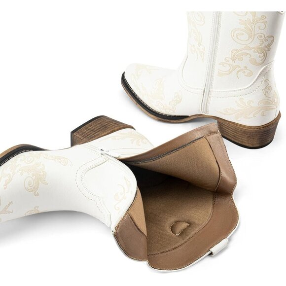 🆕White Women's Cowboy Cowgirl Western Ankle Boots Faux Leather Chunky Low Heels - Picture 5 of 7